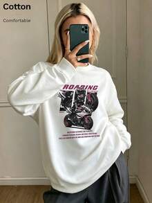 Oversized Women's Sweatshirt For Autumn/Winter, Casual Daily Wear, Long Sleeve Hoodie, Outerwear Top, Y2K, Letter Slogan Graphic, Unisex, Streetwear - White - View 3