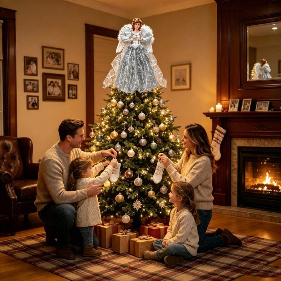 Angel Christmas Tree Topper With Feather Wing Holiday Tree Ornament - Silver - View 1