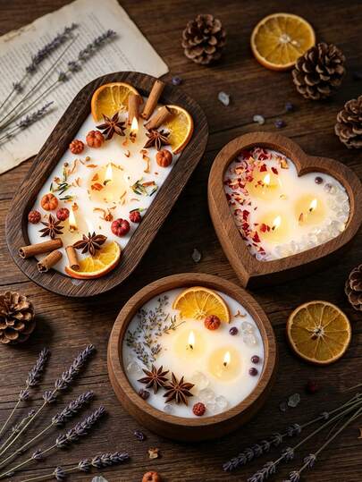 Atmospheric Dried Flower Wooden Bowl Scented Candle, Ins Style Multi-Wick Smokeless Pure Plant Wax Home Decor Ornament