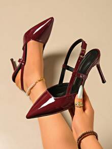 Women's All-Season Solid Color Fashion Sexy Party Pointed Toe Stiletto High Heel Sandals With Back Strap, Burgundy - Burgundy - View 3