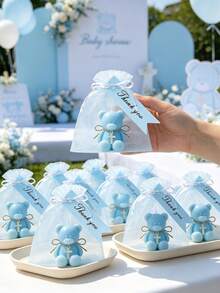 12/6/1 Set - Baptism Gift Set - Blue Teddy Bear Scented Candle Includes Blue Organza Bag And Blue Thank You Tag, DIY Fillable Gift Bag Suitable For Gender Reveal Party, Baby Shower Party Gift, Guest Favor, Christian Baptism, Communion, Church Event, Religious Gift, Ideal Party Favor - Multicolor - View 2