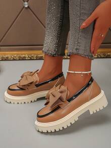 Women's Wedge Heel Thick Sole Loafers With Bow Decor, Fashionable Versatile Slip-On Shoes - Khaki - View 2