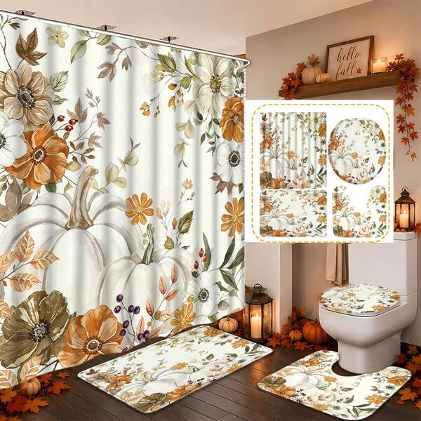 Juego de 1/4 piezas de cortina de ducha vintage de calabaza de cosecha de otoño, con 12 ganchos, cortina de baño de poliéster impermeable, cortina de baño, privacidad, engrosada, duradera y de secado rápido, tamaño 180*180cm, decoración de baño de cosecha de otoño de Acción de Gracias