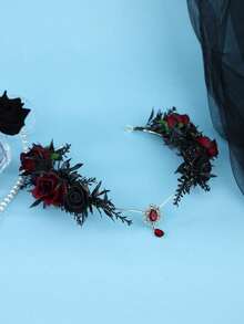 Gothic Black Red Rose Forehead Headpiece Red Teardrop Crystal Pendant Dark Bridal Wedding Hair Accessory For Halloween Cosplay Party - Black - View 4