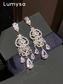 1 Pair Premium Elegant Hollow Glass Full Rhinestone Earrings Suitable For Women's Party And Ball - Silver - View 1