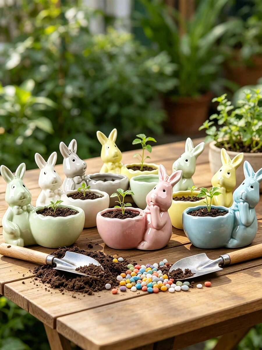 1pc Cute Rabbit Shaped Ceramic Planter, Large Round Opening Design, Suitable For Planting Succulents. Adorable And Charming Style, Can Be Used As A Flower Pot Or A Desktop Decoration, Place On Desk, Windowsill, Adding Vitality To Your Home Space. - Rabbit Flower Pot - View 1