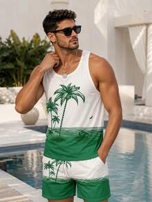 Men's Summer Palm Tree Print Sleeveless Tank Top And Casual Shorts Set, Men's Vacation Style Sleeveless Tank Top Set - Multicolor - View 1