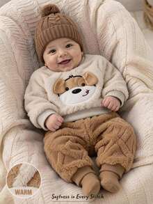 Newborn Autumn/Winter Cute Dog Plush Outfit, Easy-To-Wear Snap-Closure Long Sleeve Top And Solid Color Comfortable Pants 2 Pieces Set - Multicolor - View 1