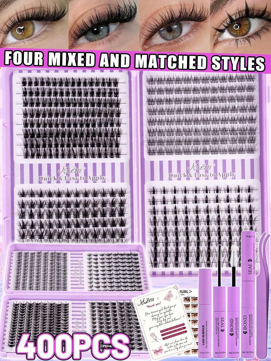 400 Mixed Lashes, 4 Different Styles, Including Pointed Lashes, Maple Leaf-Shaped Lashes, And Single Lashes For Extending The Outer Corners. Perfect For Beginners, Comes With Glue, Remover, And Tweezers. Great For Students And Back-To-School Season.