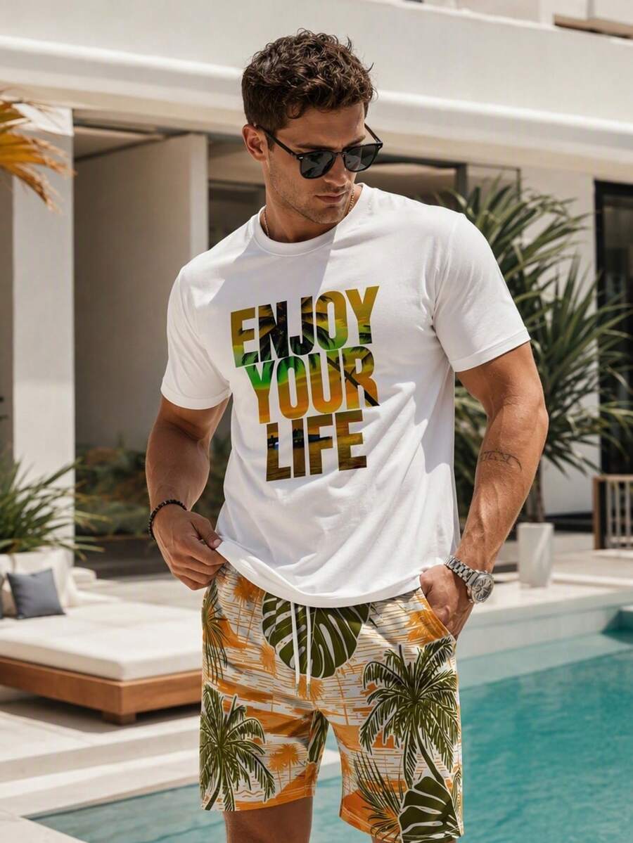 Men's Vacation Style Printed Short Sleeve Shorts Set - Multicolor - View 1