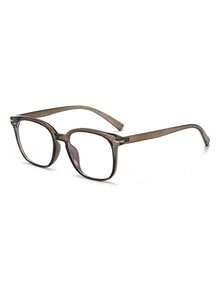 1 Pair Men's Grey Tea Square Frame Plain Lens Glasses With Rivet Decor - Grey Tea - View 2