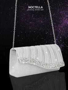 Noctella Sparkling Rhinestone Envelope Clutch Evening Bag, New Women's Shoulder Bag Party Bag, Paired With Sparkling Rhinestone Pendant Jewelry 2 Pieces Set, Luxury Rhinestone Pendant Necklace And Earrings, Matches Sequin Dress, Wedding Dress, Suitable For Party, Wedding, Gathering, Ball - Silver - View 7
