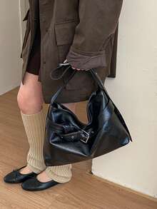 1件極簡復古女款單肩托特包，女款手提包，秋冬新款女款單肩包，最佳秋季手提包，女款休閒手提包 - 黑色 - 查看 6