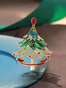 1pc Rhinestone Christmas Tree Brooch, Gold Enamel Red Ribbon Women's Lapel Pin, Suitable For Christmas Party, Suit, Coat, Scarf, Bag Decoration And Holiday Gift - Multicolor - View 1