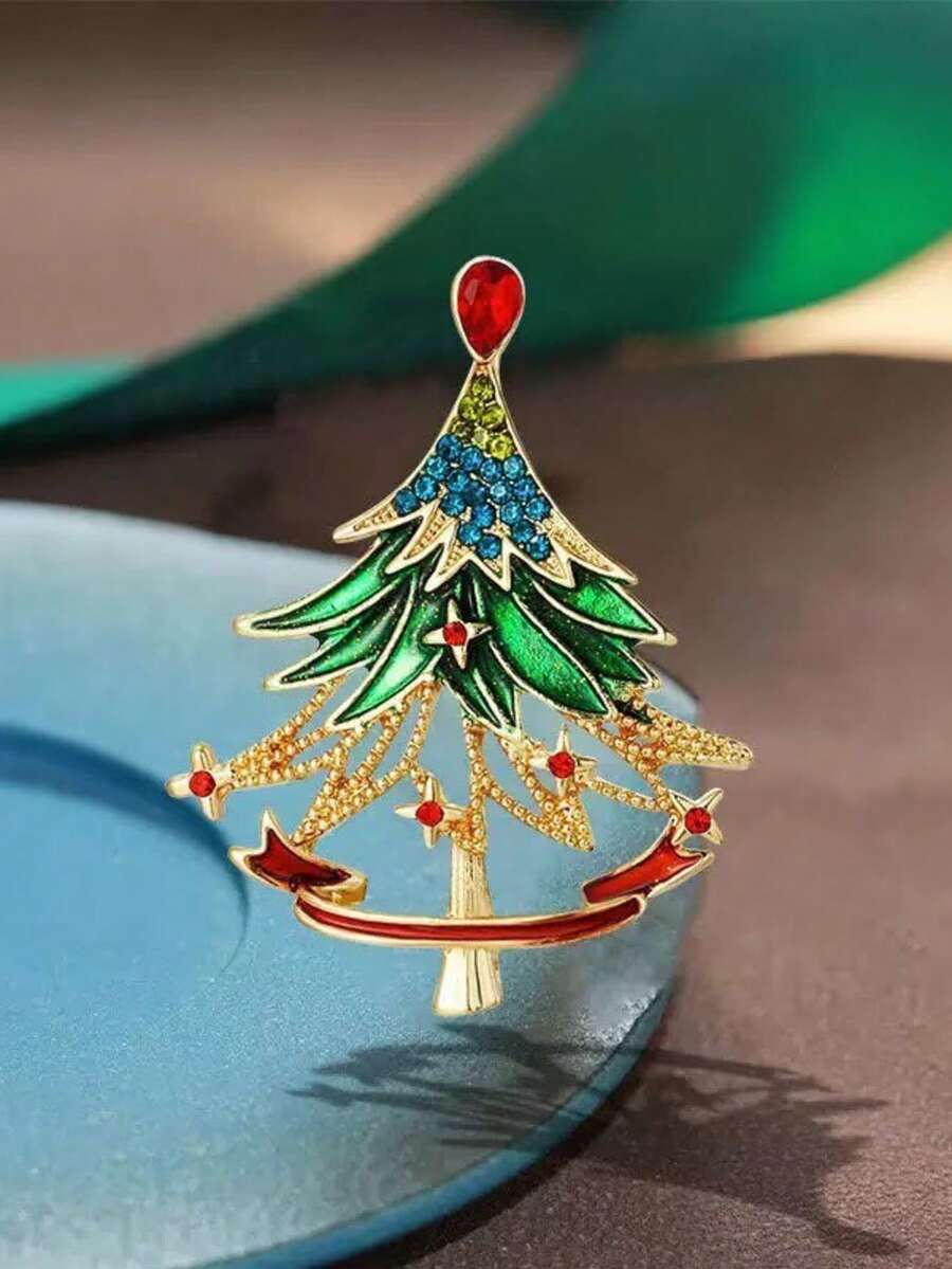 1pc Rhinestone Christmas Tree Brooch, Gold Enamel Red Ribbon Women's Lapel Pin, Suitable For Christmas Party, Suit, Coat, Scarf, Bag Decoration And Holiday Gift - Multicolor - View 1
