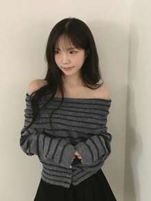 Women's Off-The-Shoulder Sweater, New Autumn/Winter Niche French Design, Soft And Comfortable Pullover Knit Top - Stripe - View 3