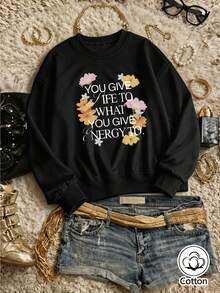 Women's Loose Fit Crew Neck Sweatshirt With Floral Print & Letter Graphic, Breathable Casual Pullover For Spring & Autumn Daily Wear - Black - View 3