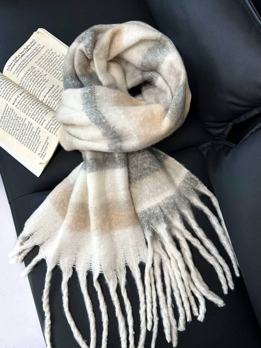 1pc Plaid Warm Decorative Tassel Scarf Suitable For Daily Use - Gray and White Stripes - View 1