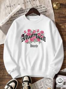 Women's Loose Fit Crew Neck Sweatshirt With Rose Print & Gothic Lettering, Breathable Street Style Pullover For Spring Autumn Daily Wear - White - View 4