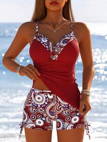 Women's Burgundy Paisley Two Piece Bikini Set, Elegant Swimwear For Mature Ladies, Romantic Beach Vacation Gift - Red - View 7