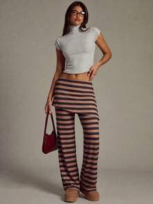 VIBEWAVE Brown & Black Striped Faux Two Pieces Skort, Low Waist Flared Long Casual Pants For Women, American Vintage Hot Girl Style, Spring/Autumn Streetwear Bottoms - Multicolor - View 6