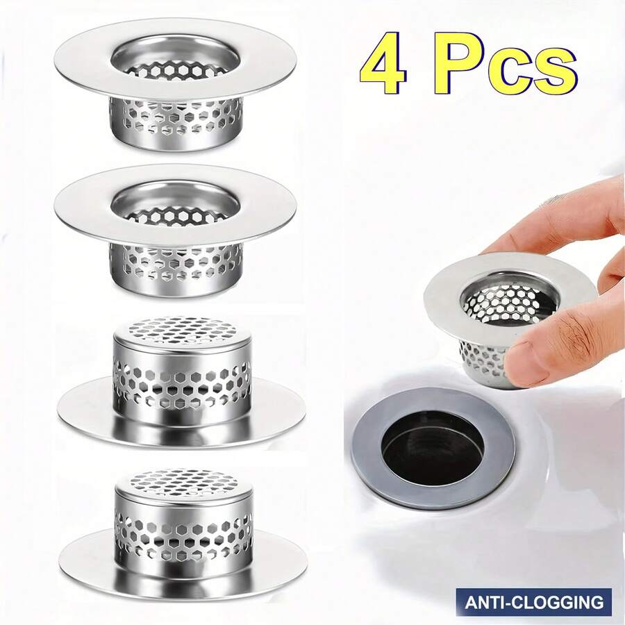 4pcs Bathroom Sink Strainer Set, Suitable For Bathtub Drain And Washbasin, Can Filter Hair, Suitable For Laundry Room And RV Sink, Stainless Steel Material, Fits 1.25 Inch To 1.3 Inch Hole Diameter - Silvery - View 1
