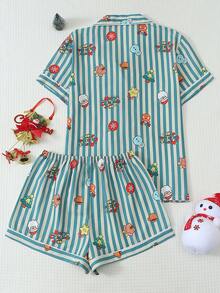 2pcs Comfortable Blue & White Striped Christmas Pattern Short Sleeve Collared Top And Bowknot Shorts Women's Pajama Set - Blue - View 2