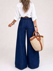Women's Fashion Embroidered Back Pocket Flared Stretch Denim Jeans - Dark Blue - View 3