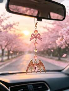 Pink Diamond Bat Bow Car Rearview Mirror Hanging Ornament, Beaded Car Interior Pendant, Sweet & Cool Girly Style - Bat - View 2