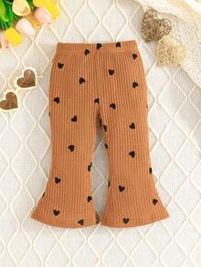 3pcs/Set Baby Girl Heart Pattern Flared Leggings, 3-Color Combination, Knitted Blend Baby Girl Clothing Suitable For Spring, Summer, Autumn And Winter - Khaki - View 5
