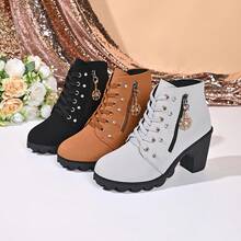 Women's Vintage High Heel Ankle Boots, Rhinestone Embellished Lace-Up Boots With Zipper Pendant Decor, Suitable For Trench Coat, Dress, Daily Commute Outfits - Grey - View 2