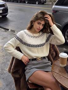 Women's Autumn Casual Beige Fair Isle Knit Round Neck Nordic Pattern Long Sleeve Soft Knit Holiday Top - Multicolor - View 3
