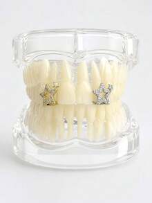 2pcs Personalized Fashion Hip-Hop Style Hollow Star & Moon Micro-Inlaid Rhinestone Women's Copper Teeth Grillz, Holiday Gift, Fun Photo Prop - Star - View 3