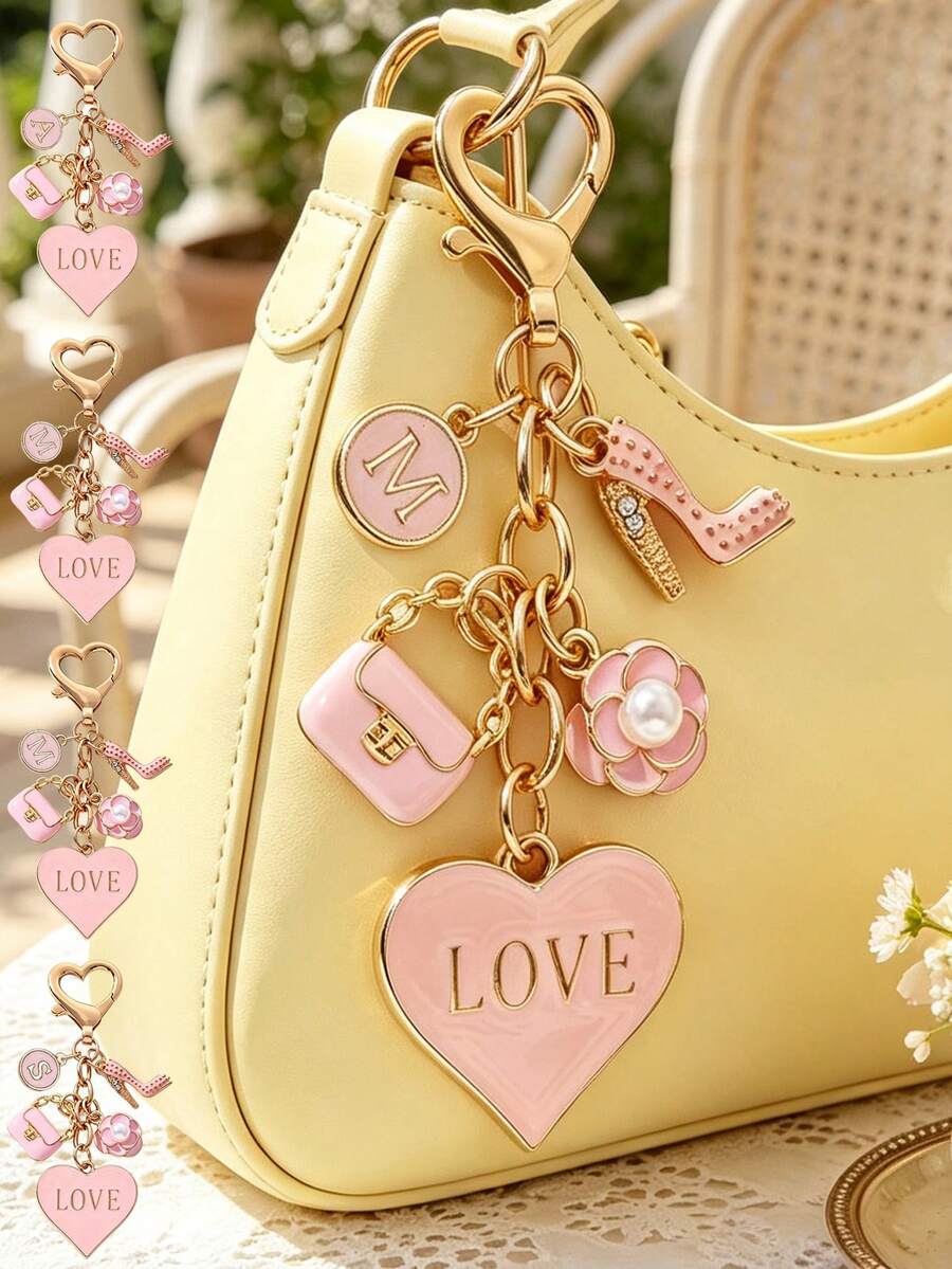Pink Heart Bag Accessory, Letter Key Pendant, Cute Bag Accessory, Heart-Shaped Oil Droplet Keychain - Perfect Cosmetic Decoration Accessory Or Gift - Multicolor - View 1