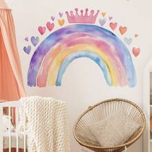 1pc Watercolor Rainbow Crown Wall Sticker, Colorful Heart Surround Minimalist Home Wall Decor Sticker - Multicolor - View 3