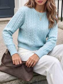 Aflion Women Fall Light Blue Cable Knit Sweater, Round Neck Long Sleeve Cropped Pullover For Daily, Date & Street Wear - Baby Blue - View 7