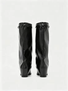Women's Loose Knee-High Boots, Metal Buckle Wide Shaft Folded Long Boots, Pointed Toe Leather Western Cowboy Boots, Fashion Casual Riding Boots - Black - View 2