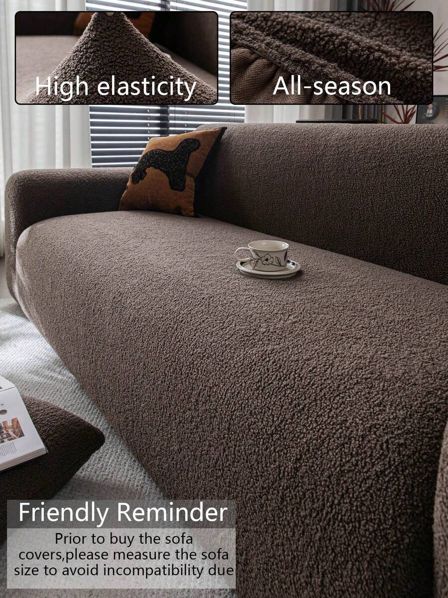 1pc Teddy Fleece Sofa Cover, Elastic Multi-Functional Full Coverage Sofa Protector, Multi-Color Geometric Pattern Design, Plush Material, Warm For Winter, Protects Sofa, Holiday Decor, High Elasticity One-Piece Sofa Cover - Brown - View 1