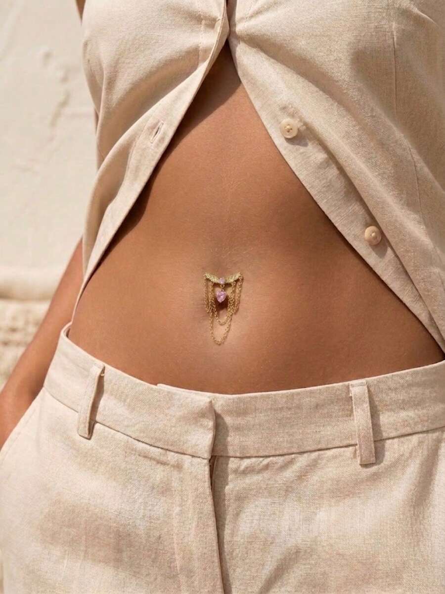 Anneau de nombril pour femme en acier inoxydable incrusté de diamants 14K, style Y2K, avec aile, cœur rose, étoile, fleur, chaîne en cristal et pampille pendante, bijou de piercing et décoration pour le nombril - Multicolore - Voir 1
