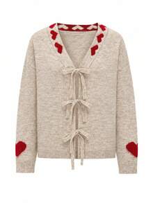 Women's Knitted Lace-Up V-Neck Cardigan, Decorated With Red Heart Pattern, Long Sleeve Design, Perfect Choice For Autumn Outfit. - Apricot - View 9