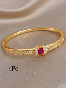 1Pc/Set 18K Gold Plated Elegant Copper Exquisite Paved Zirconia Rose Ruby Bangle Bracelet,Party,Daily,Christmas,Birthday Gift/Gala/Wedding/Halloween - Multicolor - View 11