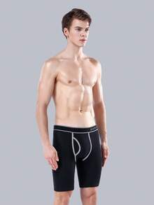 1pc Men's Long Leg Boxer Briefs With Front Opening, BONITOS Letter Waistband, Mid-Waist, Fashion Sports Shorts, Black - Black - View 2