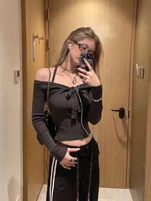 Pure Desire Style Bow Tie Halter Neck Design Long Sleeve T-Shirt Women Autumn Slim Fit Base Layer Slimming Sexy Top - Grey - View 4