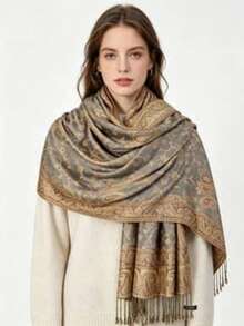 3pcs Women's Paisley Flower Pattern Fashion Warm Printed Scarves, Classic Pelisse Headscarf And Robe Matching Shawl Headscarf - Camel - View 4