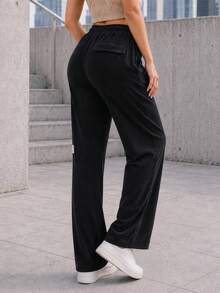 Women Black Ribbed Wide Leg Pants Elastic Drawstring Waist Relaxed Fit Casual Lounge Trousers For Everyday Wear. - Black - View 5