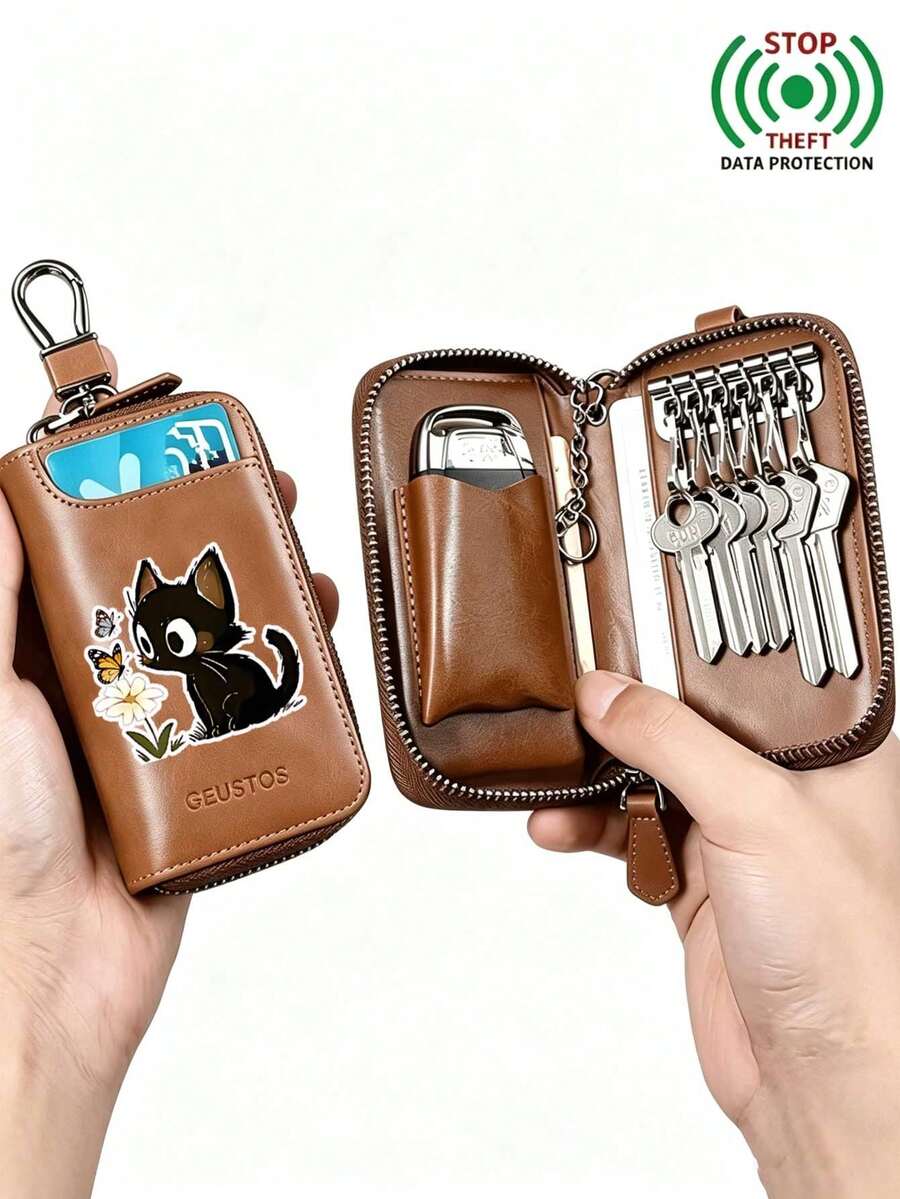 Unisex Multi-Function Key Pouch, Key Chain, Zipper Key Organizer, Smart Home Small Key Bag, PU Leather Key Card Holder, Car Key Storage Bag, Car Key Chain, Portable Compact Key Pouch, Cute Black Cat Floral Pattern Zipper Key Bag, Multi-Slot Mini Key Pouch, Portable Card Organizer, Can Store Keys, ID Card, Bank Card, Earphones, Etc., Compact And Portable, Suitable For Home, Travel, Car, Daily Commute, Ideal Gift For Birthday, Festival, Christmas, Thanksgiving, New Year - Multicolor - View 1