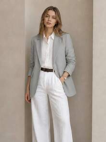 Women's Elegant Solid Color Button-Up Jacket, Long Sleeve Lapel Blazer, Spring/Summer Office & Casual Wear, Machine Washable, Classic Blazer Fall - Light Grey - View 6