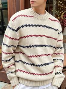Vaulklash Men's Minimalist Striped Neutral Style Crew Neck Pullover Long Sleeve Knit Sweater, Casual Versatile, Suitable For Various Occasions - White - View 3
