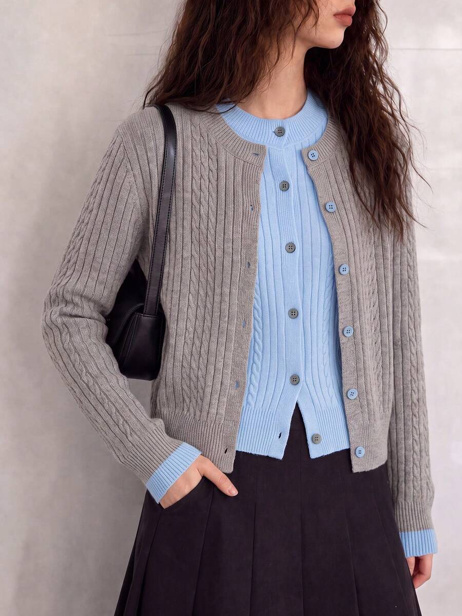 Women's Autumn/Winter Minimalist Casual Versatile Colorblock 2 In 1 Knit Cardigan Sweater Jacket - Grey - View 1