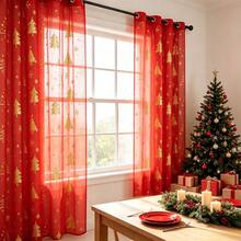 1 Panel Red Christmas Curtain, Christmas Tree & Snowflake Gold Foil Print Pattern Transparent Window Curtain, Light Filtering Window Decor, Suitable For Christmas Living Room, Bedroom, Door Curtain, Window Sheer - Red - View 7